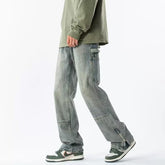 Men Jeans Zipper Split Jeans Spring Vintage Baggy Straight Trousers